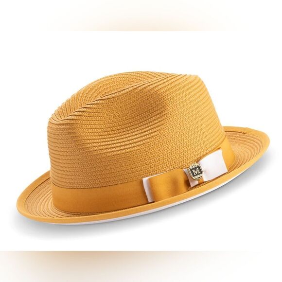 MONTIQUE MEN'S GOLD/WHITE BOTTOM BRAIDED STINGY BRIM PINCH FEDORA HAT. H-78 - Picture 1 of 1